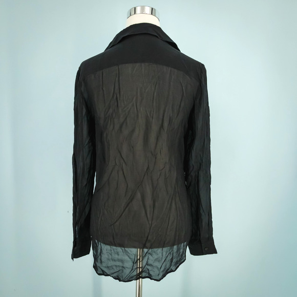 Theory Size Large L Black Semi-Sheer Collared Button Long Sleeve Silk Top - Picture 2 of 5